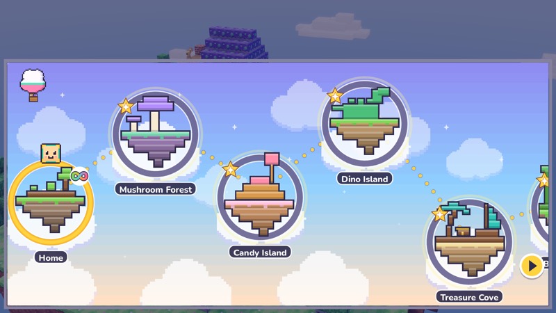The sky map: Home, Mushroom Forest, Candy Island, Dino Island, Treasure Cove and Bamboo Island